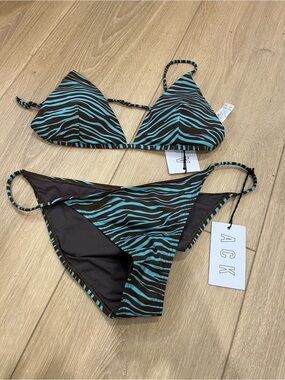 Women's Teal Zebra Triangle Bikini ACK Tigre Blue Brown Size L Top Bottom